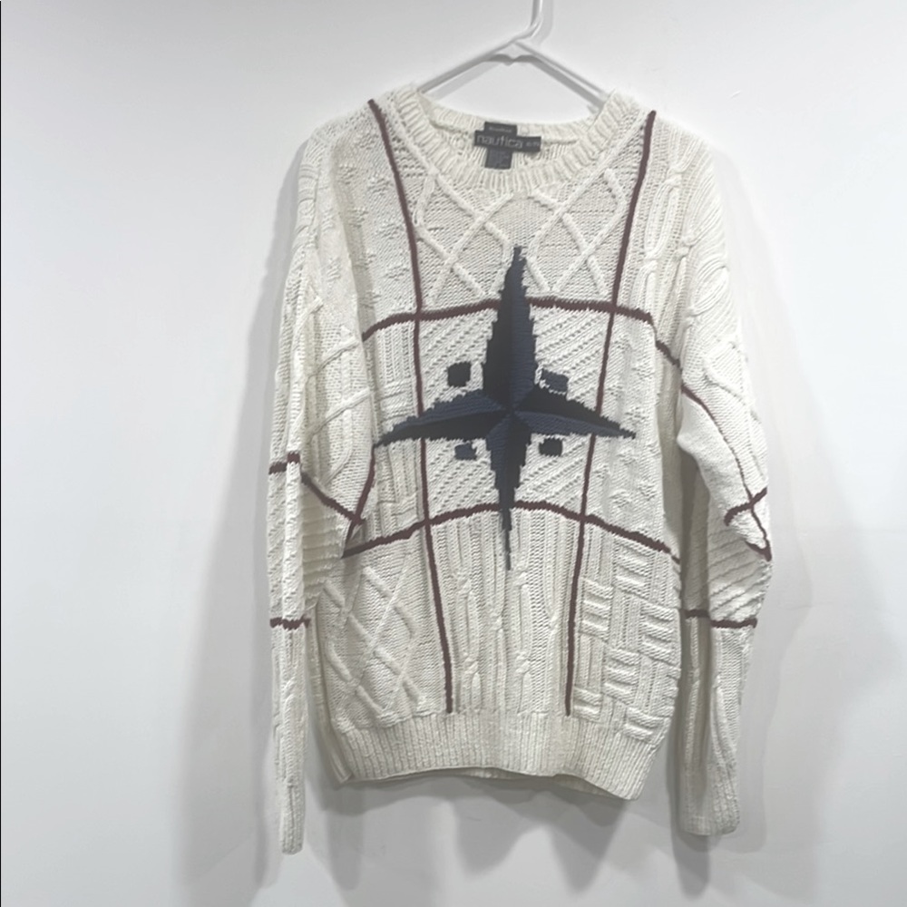 White Nautica Men's Sweater with Navy Design